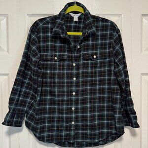 Old Navy Plaid Boyfriend Flannel Shirt Button Up Green Black Size Large